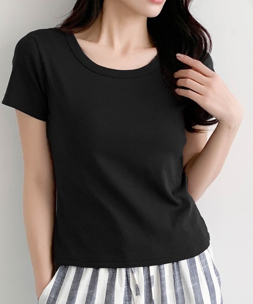 LOWO(ロワ)の「【超ストレッチ / M~4L】型崩れしにくい極上コットンプルオーバー(Tシャツ/カットソー・レディース・イエロー/チャコールグレー/ホワイト/ブラック/ブルー/ピンク・M/2L/L/4L/3L)」の3枚目の写真