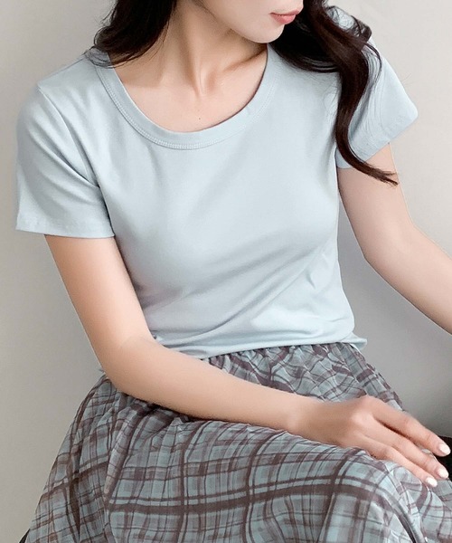LOWO(ロワ)の「【超ストレッチ / M~4L】型崩れしにくい極上コットンプルオーバー(Tシャツ/カットソー・レディース・イエロー/チャコールグレー/ホワイト/ブラック/ブルー/ピンク・M/2L/L/4L/3L)」の13枚目の写真