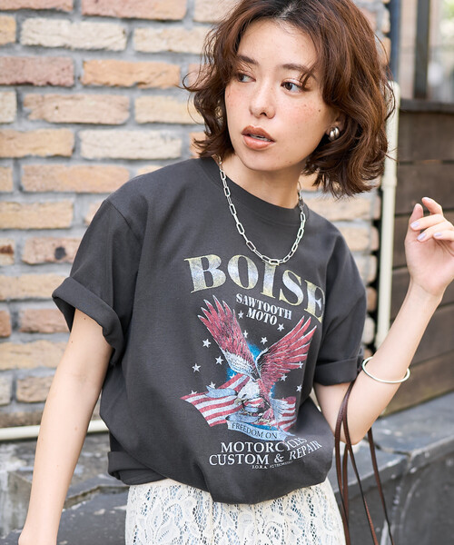 FREAK'S STORE(フリークスストア)の「ROCK T-SHIRT/ロックTシャツ(Tシャツ/カットソー・レディース・チャコールグレー/ブラウン/ダークグレー・フリ-)」の3枚目の写真