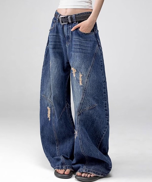 SBG(エスビー)の「SBG ダメージ加工 バギーデニム(デニムパンツ・メンズ・ライトブルー/インディゴブルー・LARGE/MEDIUM/SMALL)」の1枚目の写真