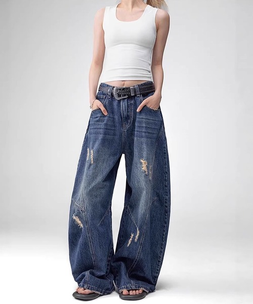 SBG(エスビー)の「SBG ダメージ加工 バギーデニム(デニムパンツ・メンズ・ライトブルー/インディゴブルー・LARGE/MEDIUM/SMALL)」の5枚目の写真