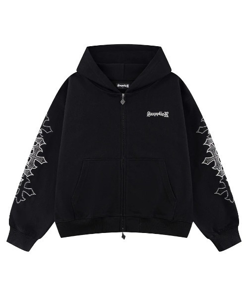 SUPPLIER(サプライヤー)の「A'GEM/9 × .kom 『SUPPLIER/サプライヤー』 Multiple Cross Leather Patch Zip Hoodie/マルチプルクロスレザーパッチジップパーカー(パーカー・メンズ・グレー/ブラック・L/XL)」の2枚目の写真