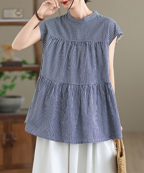 ONEP STAR(ワンピスター)の「ギンガムティアードブラウス(シャツ/ブラウス・レディース・ネイビー・MEDIUM/LARGE/X-LARGE)」の1枚目の写真