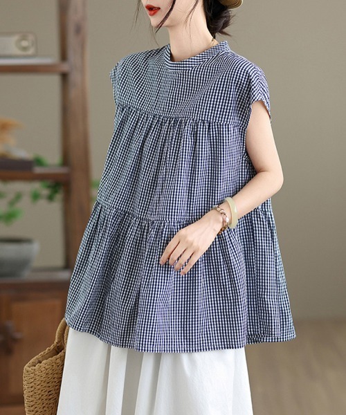 ONEP STAR(ワンピスター)の「ギンガムティアードブラウス(シャツ/ブラウス・レディース・ネイビー・MEDIUM/LARGE/X-LARGE)」の2枚目の写真