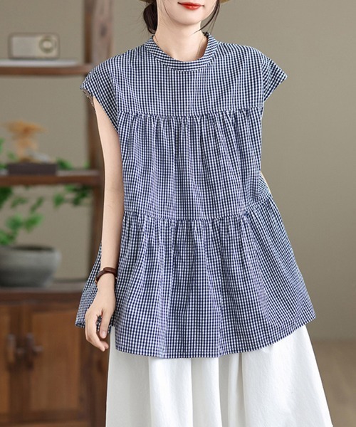 ONEP STAR(ワンピスター)の「ギンガムティアードブラウス(シャツ/ブラウス・レディース・ネイビー・MEDIUM/LARGE/X-LARGE)」の4枚目の写真