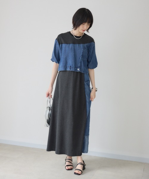 Paradise Picnic(パラダイスピクニック)の「33℃【接触冷感/UVカット】デニム切替ドロストワンピース(ワンピース・レディース・チャコールグレー/グレー・FREE)」の16枚目の写真
