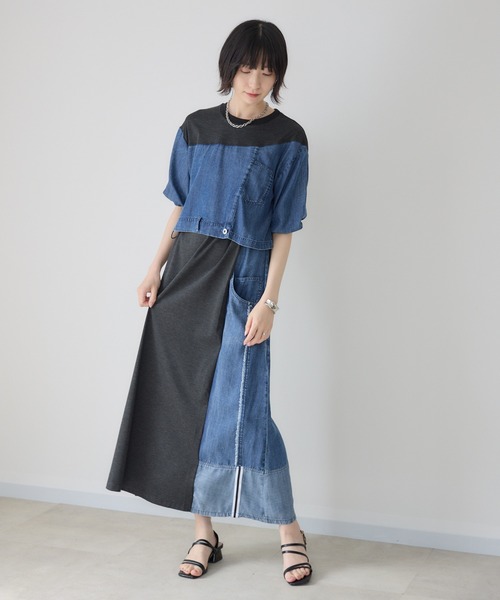 Paradise Picnic(パラダイスピクニック)の「33℃【接触冷感/UVカット】デニム切替ドロストワンピース(ワンピース・レディース・チャコールグレー/グレー・FREE)」の8枚目の写真