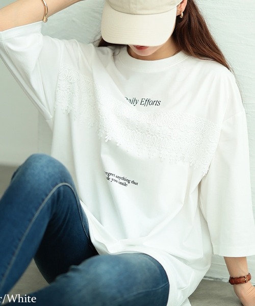 GOLDJAPAN(ゴールドジャパン)の「ロゴプリント&レースオーバーサイズTシャツ【大きいサイズ対応】(Tシャツ/カットソー・レディース・ピンク/ホワイト/ブラック・5L/4L/3L/LL)」の2枚目の写真