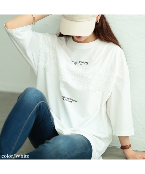 GOLDJAPAN(ゴールドジャパン)の「ロゴプリント&レースオーバーサイズTシャツ【大きいサイズ対応】(Tシャツ/カットソー・レディース・ピンク/ホワイト/ブラック・5L/4L/3L/LL)」の10枚目の写真