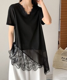 アシンメトリーレースTシャツ 裾レース トップス 半袖 Tシャツ アシンメトリー レース カットソー Vネック レースTシャツ インナー レイヤードトップス 夏服