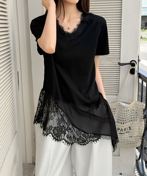 COCOMOMO(ココモモ)の「アシンメトリーレースTシャツ 裾レース トップス 半袖 Tシャツ アシンメトリー レース カットソー Vネック レースTシャツ インナー レイヤードトップス 夏服(Tシャツ/カットソー・レディース・ブラック/ホワイト・FREE)」の8枚目の写真
