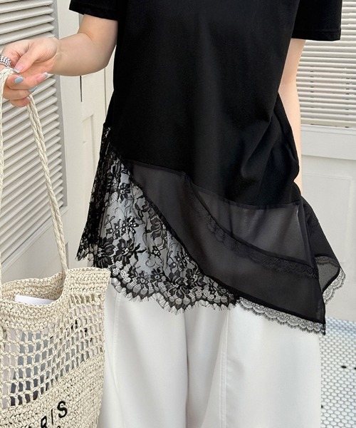 COCOMOMO(ココモモ)の「アシンメトリーレースTシャツ 裾レース トップス 半袖 Tシャツ アシンメトリー レース カットソー Vネック レースTシャツ インナー レイヤードトップス 夏服(Tシャツ/カットソー・レディース・ブラック/ホワイト・FREE)」の14枚目の写真