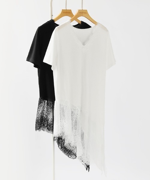 COCOMOMO(ココモモ)の「アシンメトリーレースTシャツ 裾レース トップス 半袖 Tシャツ アシンメトリー レース カットソー Vネック レースTシャツ インナー レイヤードトップス 夏服(Tシャツ/カットソー・レディース・ブラック/ホワイト・FREE)」の16枚目の写真