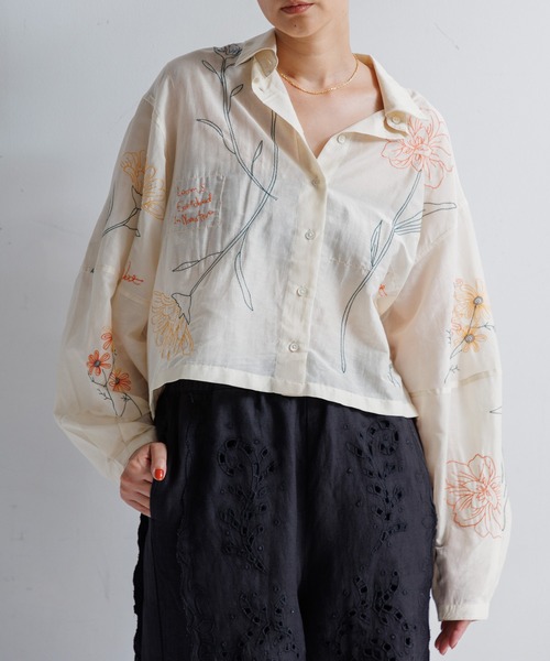 セール】コットンシルクボタニカル刺繍シャツ（シャツ/ブラウス