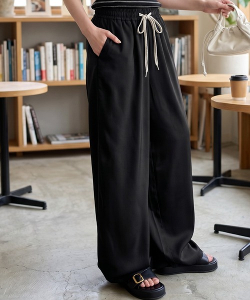 umune(ウムネ)の「ワイドパンツ 麻調 リネンライク イージーパンツ ウエストゴム 紐付き ストレート ルーズ 落ち感 涼しい 清涼感 薄手 カジュアル ボトムス(その他パンツ・レディース・ネイビー/グレー/ブラック・FREE)」の1枚目の写真