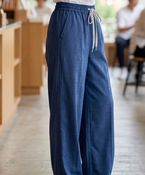 umune(ウムネ)の「ワイドパンツ 麻調 リネンライク イージーパンツ ウエストゴム 紐付き ストレート ルーズ 落ち感 涼しい 清涼感 薄手 カジュアル ボトムス(その他パンツ・レディース・ネイビー/グレー/ブラック・FREE)」の5枚目の写真
