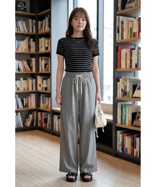umune(ウムネ)の「ワイドパンツ 麻調 リネンライク イージーパンツ ウエストゴム 紐付き ストレート ルーズ 落ち感 涼しい 清涼感 薄手 カジュアル ボトムス(その他パンツ・レディース・ネイビー/グレー/ブラック・FREE)」の11枚目の写真