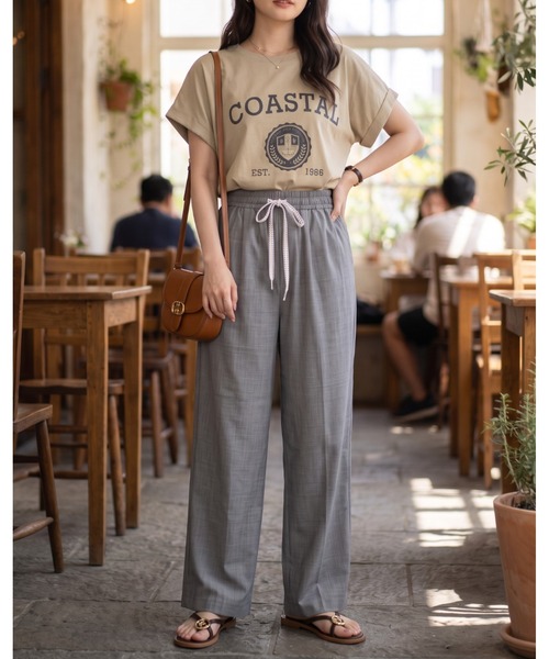 umune(ウムネ)の「ワイドパンツ 麻調 リネンライク イージーパンツ ウエストゴム 紐付き ストレート ルーズ 落ち感 涼しい 清涼感 薄手 カジュアル ボトムス(その他パンツ・レディース・ネイビー/グレー/ブラック・FREE)」の21枚目の写真