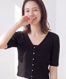 針抜き半袖ハート釦カーディガン