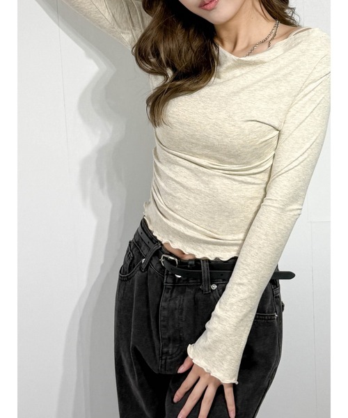 owen(オーウェン)の「韓国ナチュラルガーリー ワンショル風リブトップス フィットカットソー(Tシャツ/カットソー・レディース・ブラック/ベージュ・S/M/L)」の12枚目の写真
