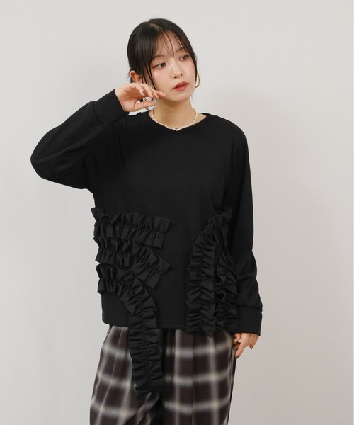 palm RICHE(ポームリシュ)の「フリルドッキングT(Tシャツ/カットソー・レディース・オフホワイト/ブラック/グレー・M)」の2枚目の写真