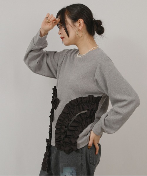 palm RICHE(ポームリシュ)の「フリルドッキングT(Tシャツ/カットソー・レディース・オフホワイト/ブラック/グレー・M)」の5枚目の写真