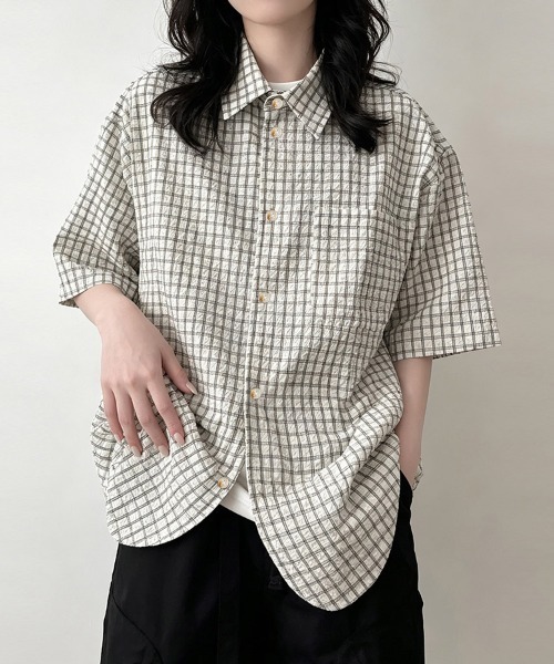 ReRe(リリ)の「サッカー素材チェック柄半袖シャツ(シャツ/ブラウス・レディース・グレー・MEDIUM/LARGE/X-LARGE)」の13枚目の写真