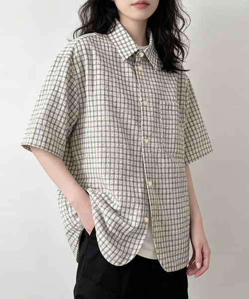 ReRe(リリ)の「サッカー素材チェック柄半袖シャツ(シャツ/ブラウス・レディース・グレー・MEDIUM/LARGE/X-LARGE)」の14枚目の写真
