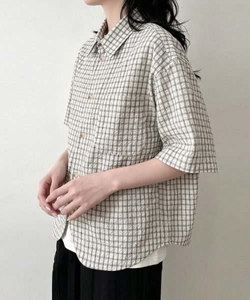 ReRe(リリ)の「サッカー素材チェック柄半袖シャツ(シャツ/ブラウス・レディース・グレー・MEDIUM/LARGE/X-LARGE)」の7枚目の写真