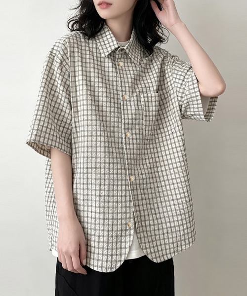 ReRe(リリ)の「サッカー素材チェック柄半袖シャツ(シャツ/ブラウス・レディース・グレー・MEDIUM/LARGE/X-LARGE)」の8枚目の写真