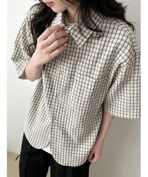 ReRe(リリ)の「サッカー素材チェック柄半袖シャツ(シャツ/ブラウス・レディース・グレー・MEDIUM/LARGE/X-LARGE)」の9枚目の写真