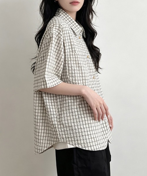 ReRe(リリ)の「サッカー素材チェック柄半袖シャツ(シャツ/ブラウス・レディース・グレー・MEDIUM/LARGE/X-LARGE)」の10枚目の写真