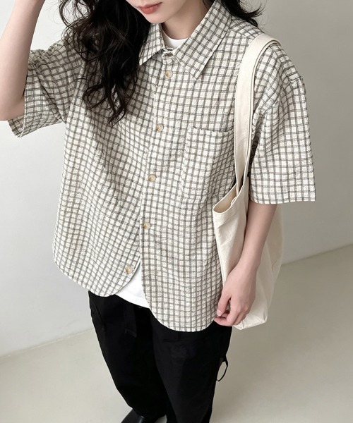 ReRe(リリ)の「サッカー素材チェック柄半袖シャツ(シャツ/ブラウス・レディース・グレー・MEDIUM/LARGE/X-LARGE)」の11枚目の写真