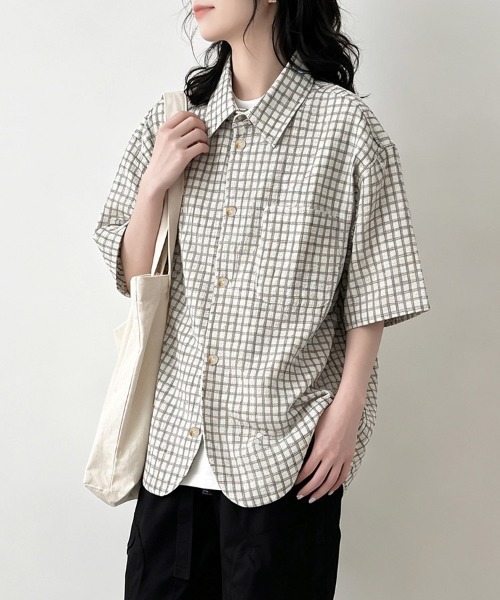 ReRe(リリ)の「サッカー素材チェック柄半袖シャツ(シャツ/ブラウス・レディース・グレー・MEDIUM/LARGE/X-LARGE)」の12枚目の写真
