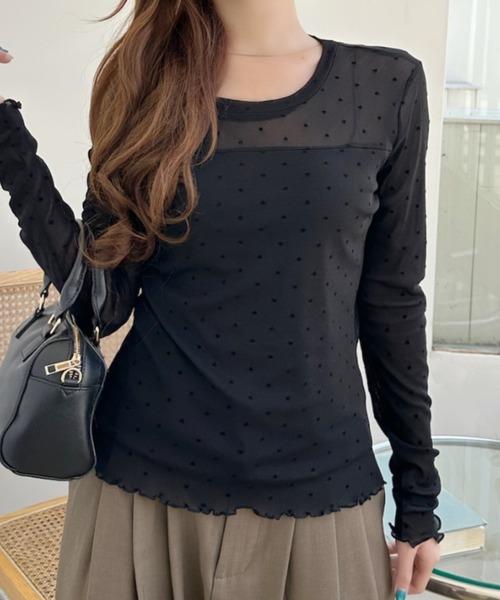 Ada.(エイダ)の「ピンドット柄 メロウフリル シアー カットソー(Tシャツ/カットソー・レディース・ベージュ/ホワイト/ブラック・FREE)」の12枚目の写真