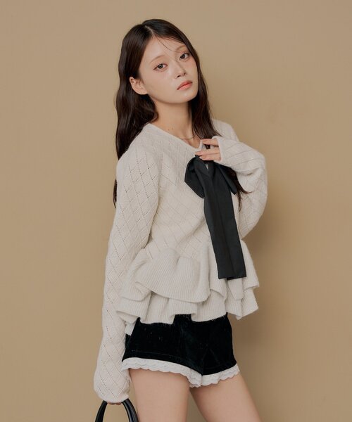 Chico（チコ）の「＼アイボリー再入荷／リボンティアードペプラムカーディガン（カーディガン/ボレロ・レディース・アイボリー/グレー/ピンクベージュ/ブラック・FREE）」の5枚目の写真