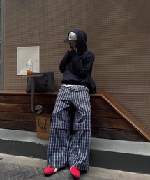 ampm（エーエムピーエム）の「韓国ストリート チェック柄 ワイドパンツ オーバーサイズ 膝切替脱着（その他パンツ）」