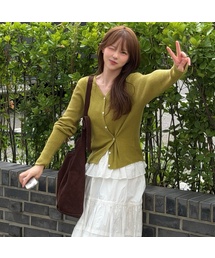 [W]ウール混紡 vneck リブカーディガン - 2color