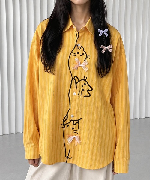 HOOK(フック)の「HOOK for girls 猫 刺繍 ストライプ オーバーシャツ ブラウス(シャツ/ブラウス・レディース・ブルー/イエロー・FREE)」の14枚目の写真