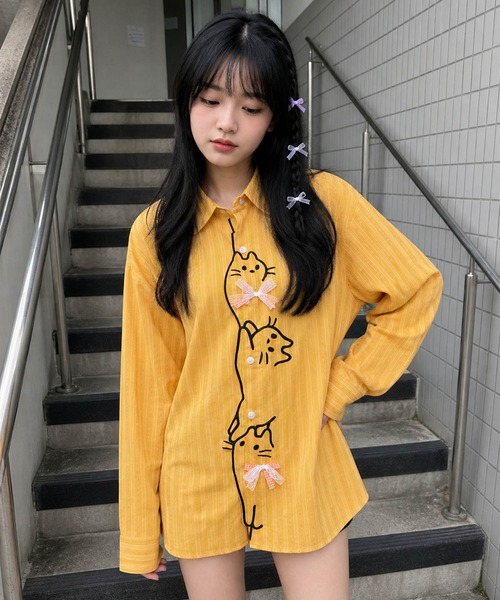 HOOK(フック)の「HOOK for girls 猫 刺繍 ストライプ オーバーシャツ ブラウス(シャツ/ブラウス・レディース・ブルー/イエロー・FREE)」の12枚目の写真