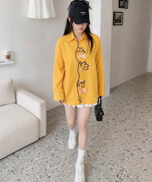 HOOK(フック)の「HOOK for girls 猫 刺繍 ストライプ オーバーシャツ ブラウス(シャツ/ブラウス・レディース・ブルー/イエロー・FREE)」の15枚目の写真