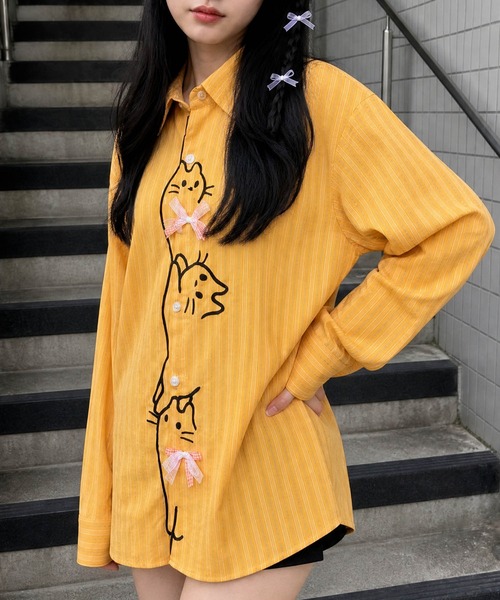 HOOK(フック)の「HOOK for girls 猫 刺繍 ストライプ オーバーシャツ ブラウス(シャツ/ブラウス・レディース・ブルー/イエロー・FREE)」の13枚目の写真