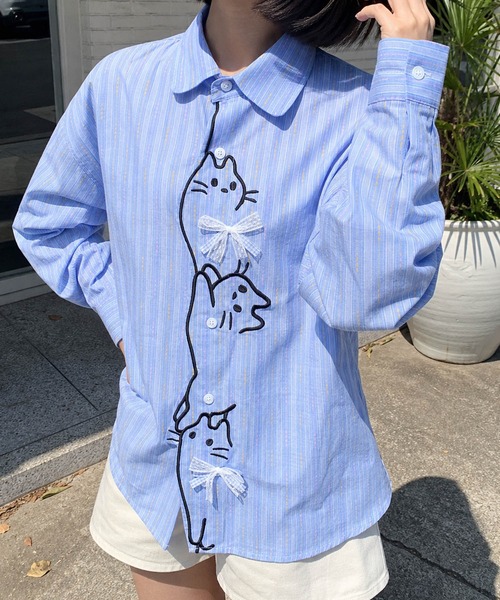 HOOK(フック)の「HOOK for girls 猫 刺繍 ストライプ オーバーシャツ ブラウス(シャツ/ブラウス・レディース・ブルー/イエロー・FREE)」の10枚目の写真