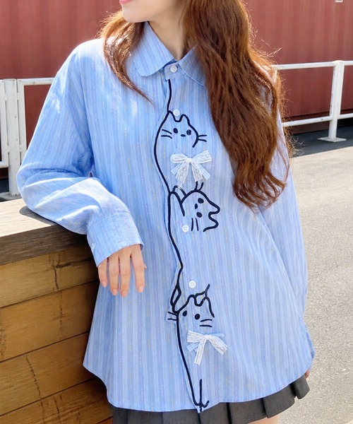 HOOK(フック)の「HOOK for girls 猫 刺繍 ストライプ オーバーシャツ ブラウス(シャツ/ブラウス・レディース・ブルー/イエロー・FREE)」の5枚目の写真