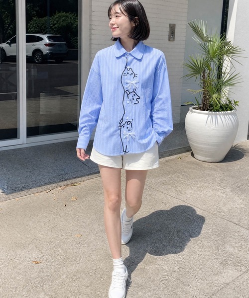 HOOK(フック)の「HOOK for girls 猫 刺繍 ストライプ オーバーシャツ ブラウス(シャツ/ブラウス・レディース・ブルー/イエロー・FREE)」の8枚目の写真