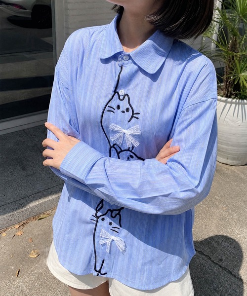 HOOK(フック)の「HOOK for girls 猫 刺繍 ストライプ オーバーシャツ ブラウス(シャツ/ブラウス・レディース・ブルー/イエロー・FREE)」の11枚目の写真