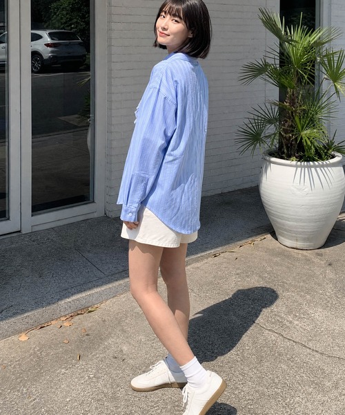 HOOK(フック)の「HOOK for girls 猫 刺繍 ストライプ オーバーシャツ ブラウス(シャツ/ブラウス・レディース・ブルー/イエロー・FREE)」の9枚目の写真
