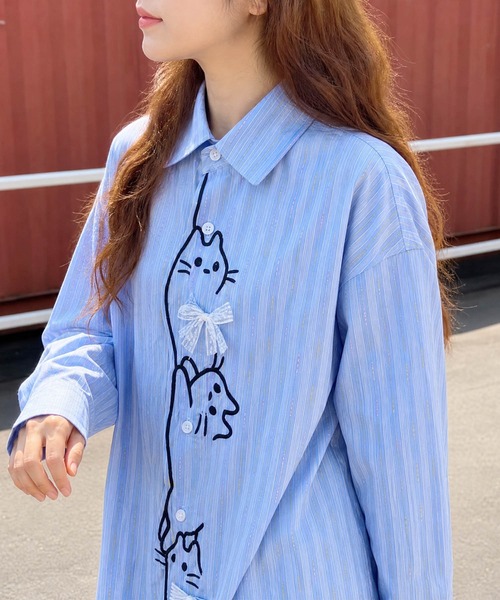 HOOK(フック)の「HOOK for girls 猫 刺繍 ストライプ オーバーシャツ ブラウス(シャツ/ブラウス・レディース・ブルー/イエロー・FREE)」の7枚目の写真