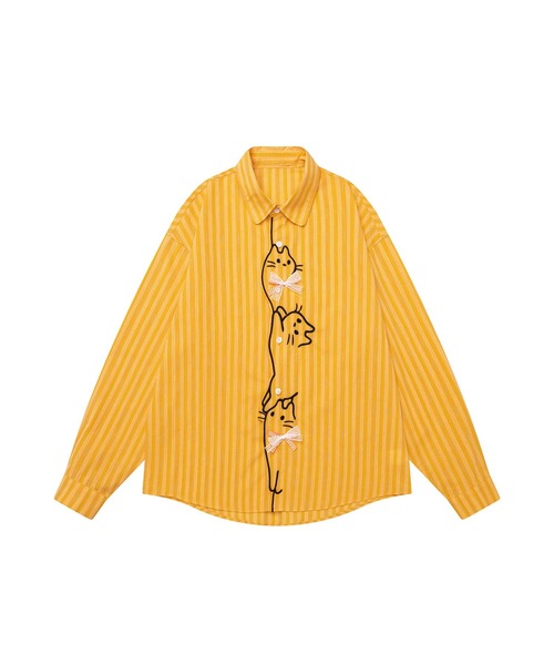 HOOK(フック)の「HOOK for girls 猫 刺繍 ストライプ オーバーシャツ ブラウス(シャツ/ブラウス・レディース・ブルー/イエロー・FREE)」の4枚目の写真