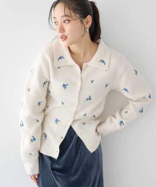 フラワー刺繍襟付きニットカーディガン（カーディガン/ボレロ）｜earth